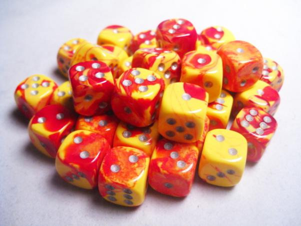 Chessex (26850): D6: 12mm: Gemini: Red Yellow/Silver 