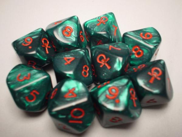 Chessex (29005): D10: Ankh Green/Red Pearlized 