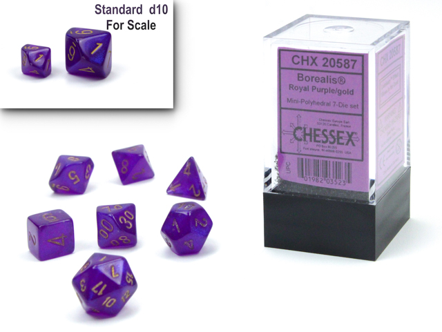 Chessex (20587): Mini Polyhedral 7-Die Set: Borealis Royal Purple/Gold Luminary 