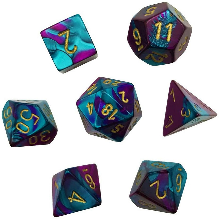 Chessex (20649): Mini Polyhedral 7-Die Set: Gemini Purple-Teal/Gold 