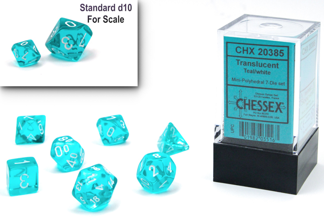 Chessex (23065): Mini Polyhedral 7-Die Set: Transparent: Teal/White 