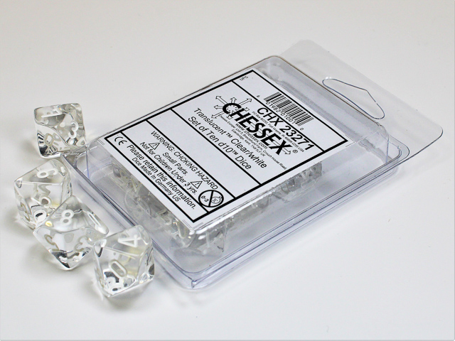 Chessex (23271): D10: CLEAR W/WHITE 