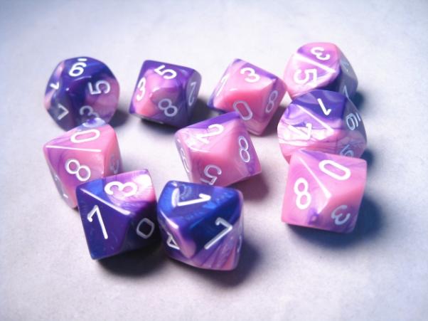 Chessex (26255): D10: Gemini #6: Pink-Purple/White 