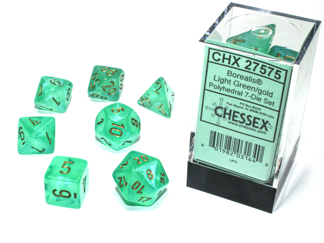 Chessex (27575): Polyhedral 7-Die Set: Borealis: Light Green/Gold with Luminary 