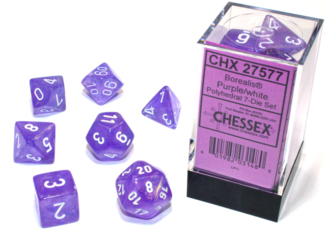 Chessex (27577): Polyhedral 7-Die Set: Borealis: Purple/White with Luminary 