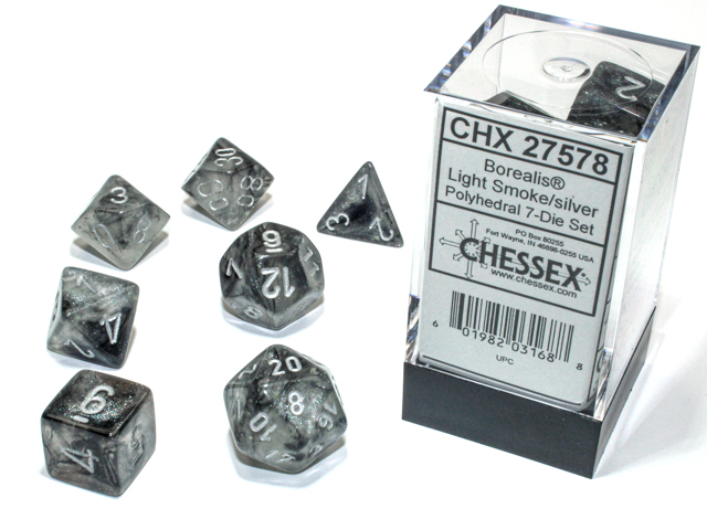 Chessex (27578): Polyhedral 7-Die Set: Borealis: Light Smoke/Silver with Luminary 