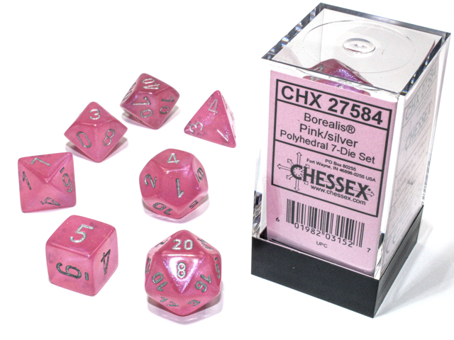 Chessex (27584): Polyhedral 7-Die Set: Borealis: Pink/Silver with Luminary 