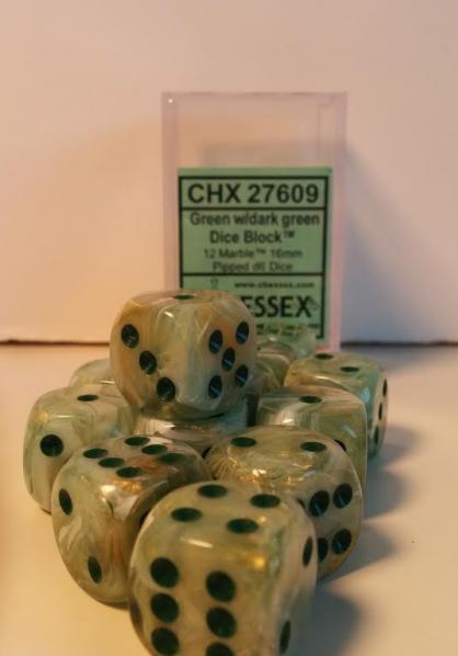 Chessex (27609): D6: 16mm: Menagerie #8 Green/Dark Green Marble 