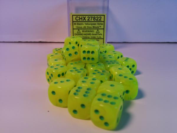 Chessex (27822): D6: 12mm: Menagerie #8 Electric Yellow/Green Vortex 