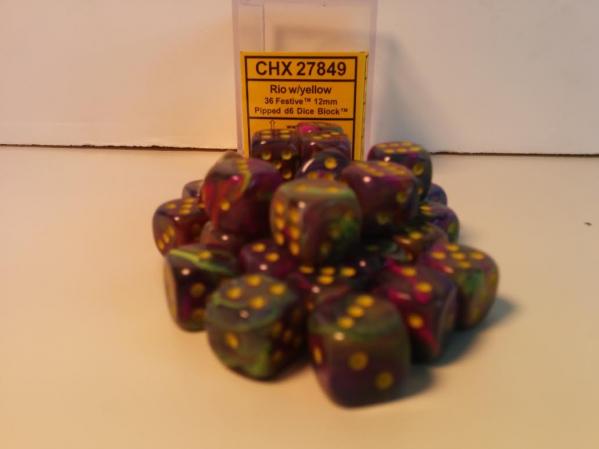 Chessex (27849): D6: 12mm: Menagerie #8 Rio/Yellow Festive 