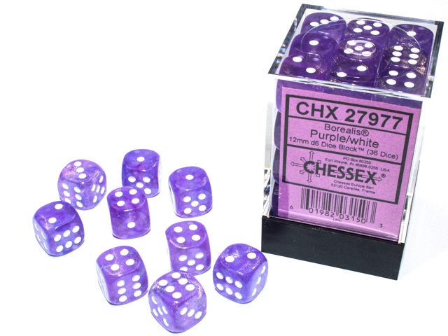 Chessex (27977): Borealis D6 12MM Purple/White (36) 