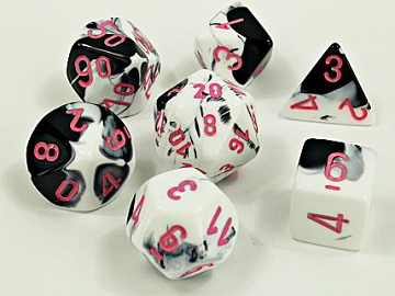 Chessex (30043): Polyhedral 7-Die Set: Gemini: Black-White/Pink 