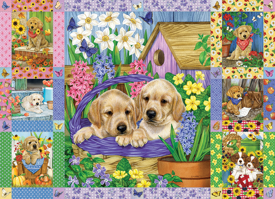 Cobble Hill Puzzles (1000): Puppies and Posies Quilt 
