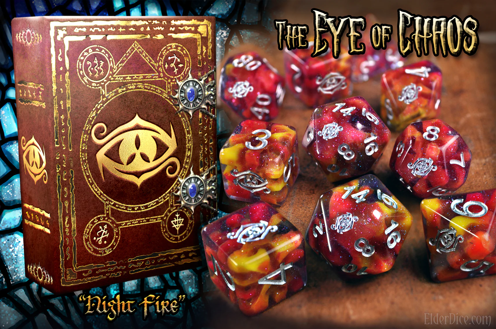 Elder Dice Polyhedral 10 Die Set: Eye of Chaos: Glass/Wax: Night Fire 