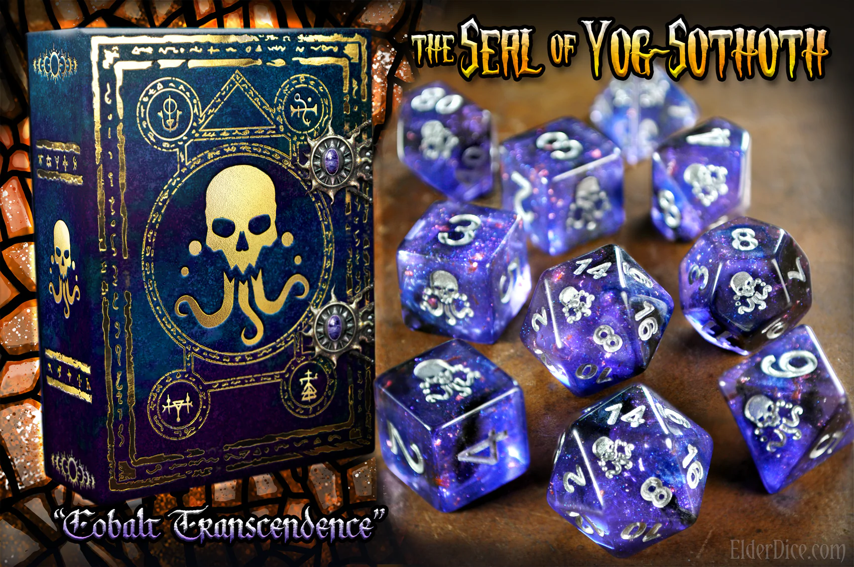 Elder Dice: Polyhedral 10 Die Set: Seal of Yog-Sothoth: Glass/Wax: Mythic Cobalt Transcendence 
