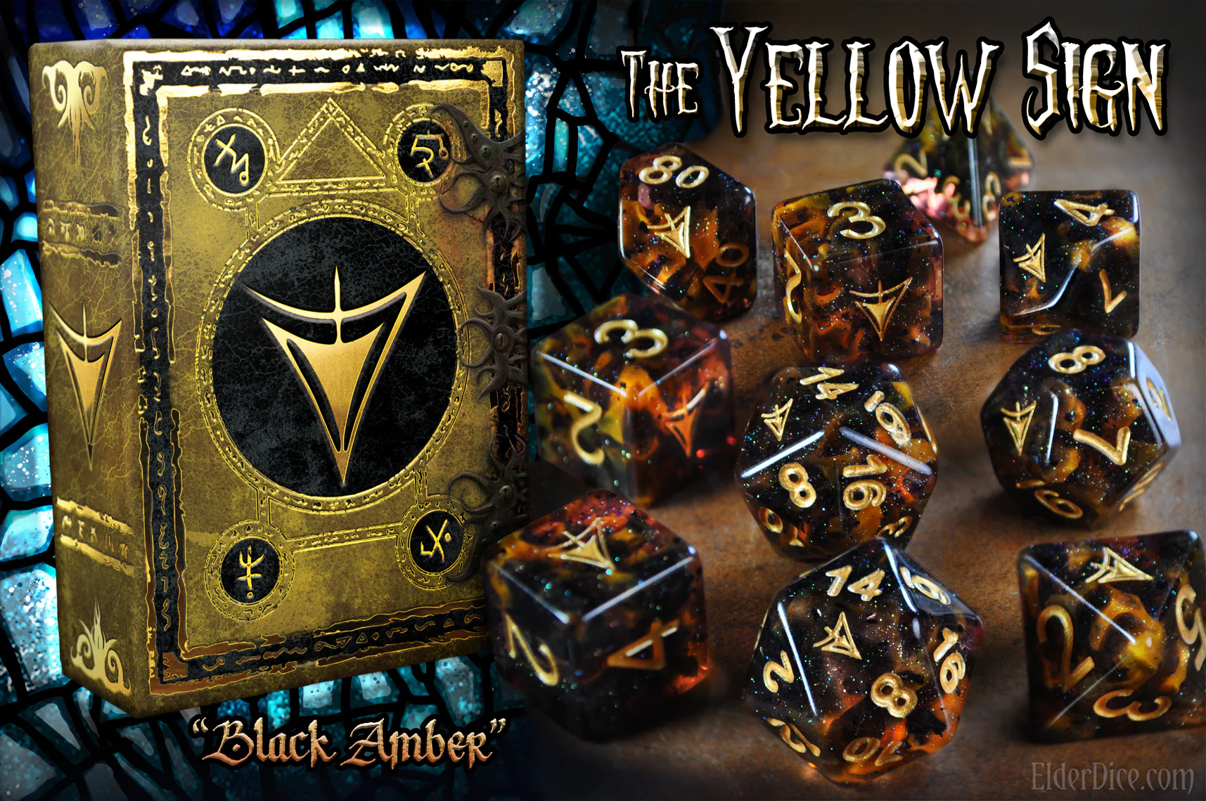 Elder Dice: Polyhedral 10 Die Set: Yellow Sign: Glass/Wax: Black Amber 