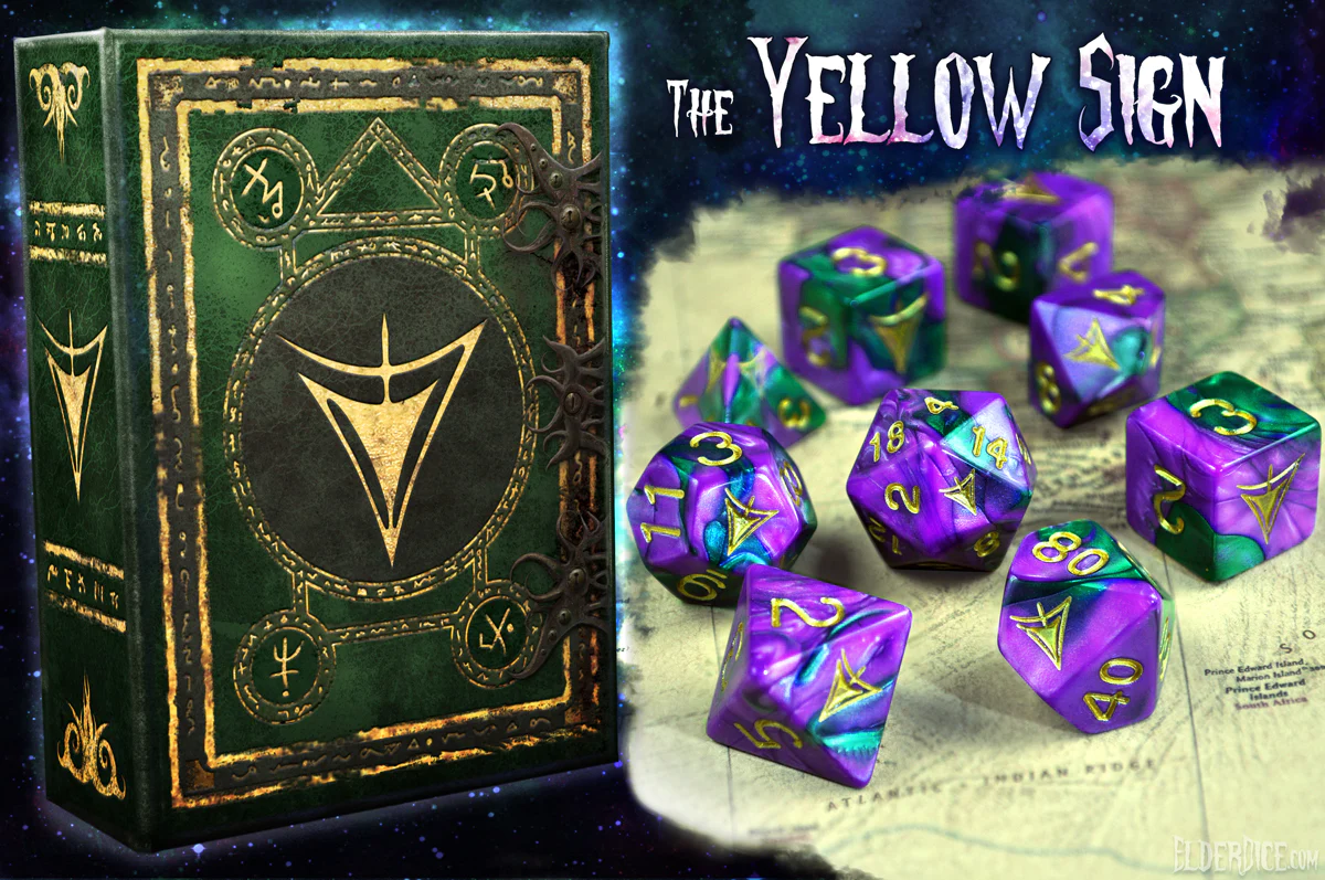 Elder Dice: Polyhedral 10 Die Set: Yellow Sign: Masked Purple with Green 
