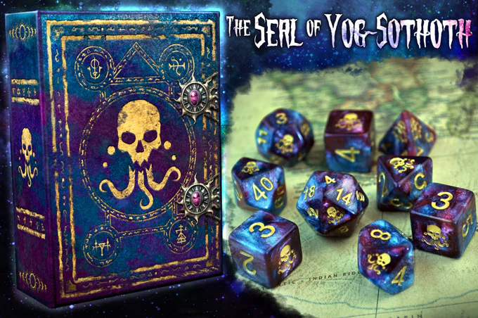 Elder Dice Polyhedral Set: Seal of Yog-Sothoth: Nebula Space with Gold 