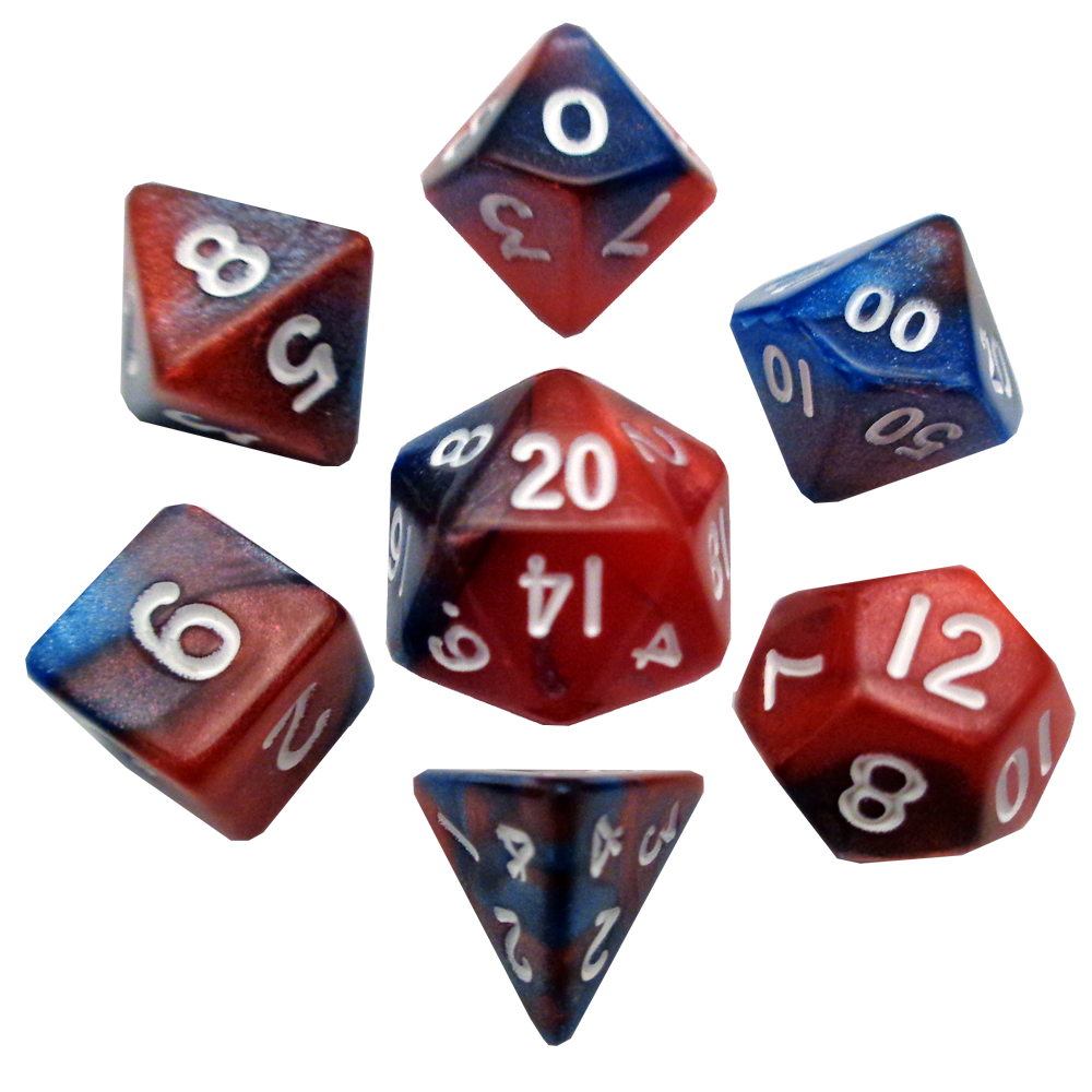 Fanroll: Mini 7 Dice Polyhedral Set: Red/Blue with Gold (10mm) 