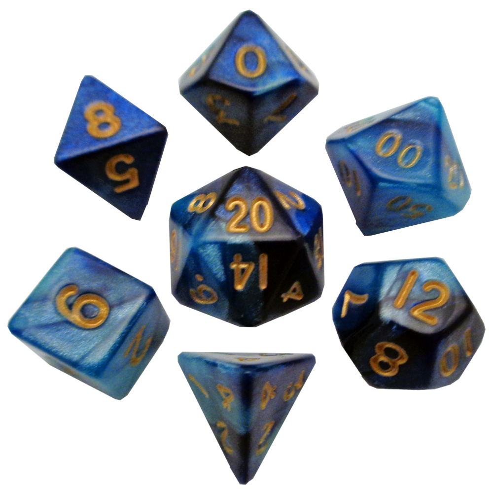 Fanroll: Mini 7 Dice Polyhedral Set: Blue/Light Blue with Gold (10mm) 