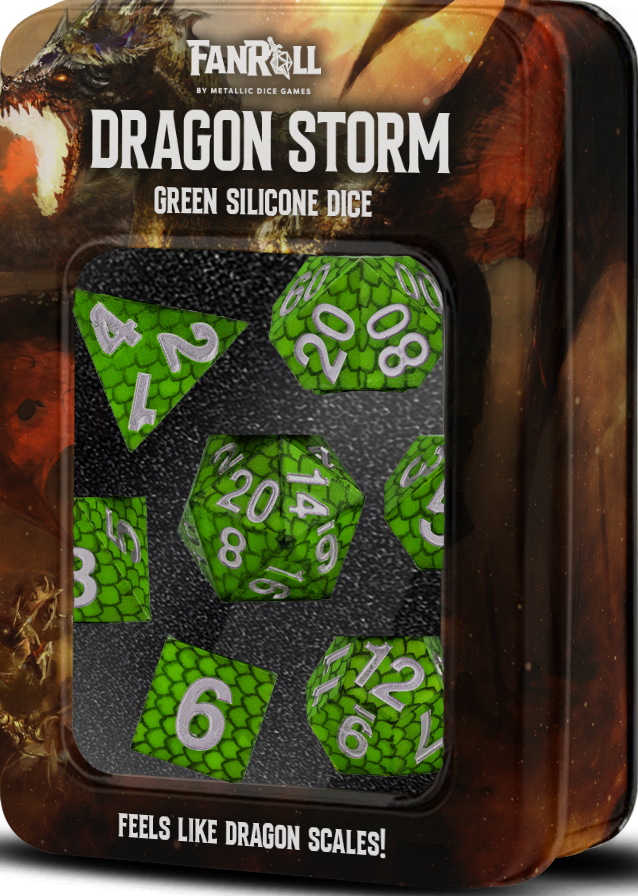 Fanroll: Mini 7 Dice Polyhedral Set: Dragon Storm: Green Scales 