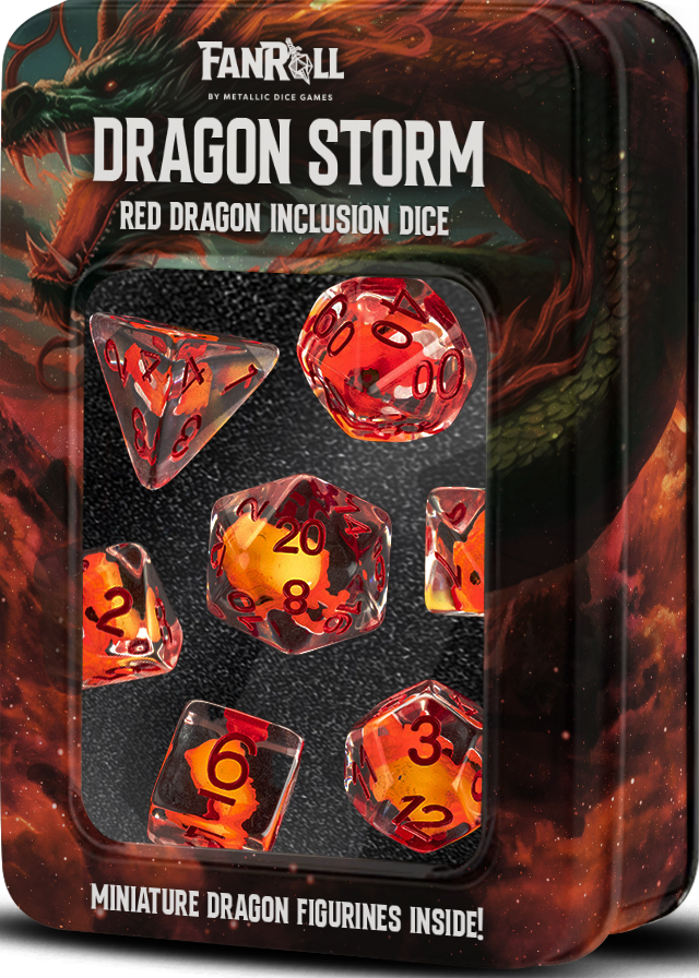 Fanroll: Mini 7 Dice Polyhedral Set: Dragon Storm: Red Dragon Inclusion 