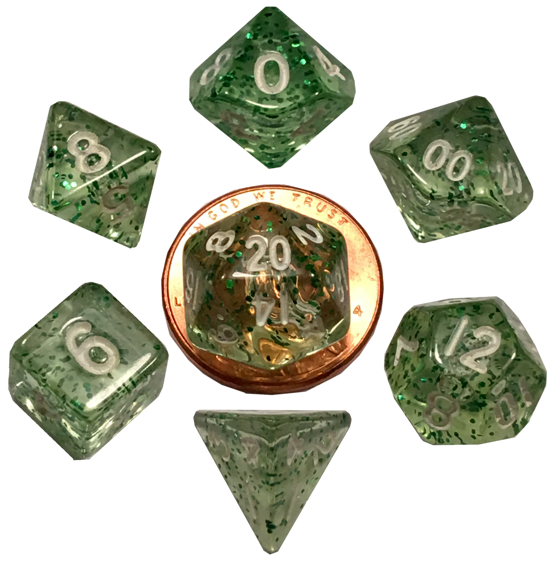 Fanroll: Mini 7 Dice Polyhedral Set: Ethereal Green (10mm) 