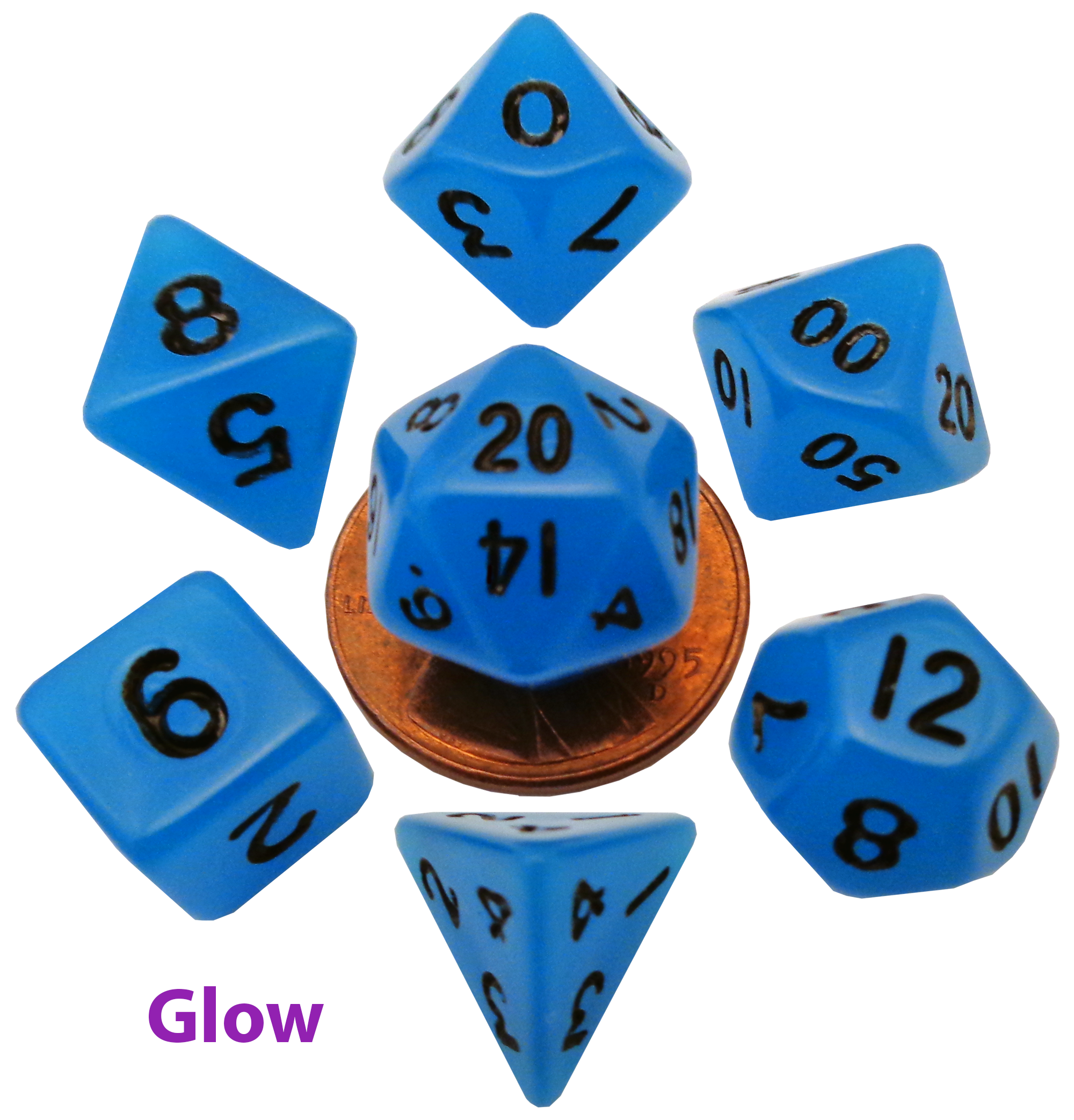 Fanroll: Mini 7 Dice Polyhedral Set: Glow Blue (10mm) 