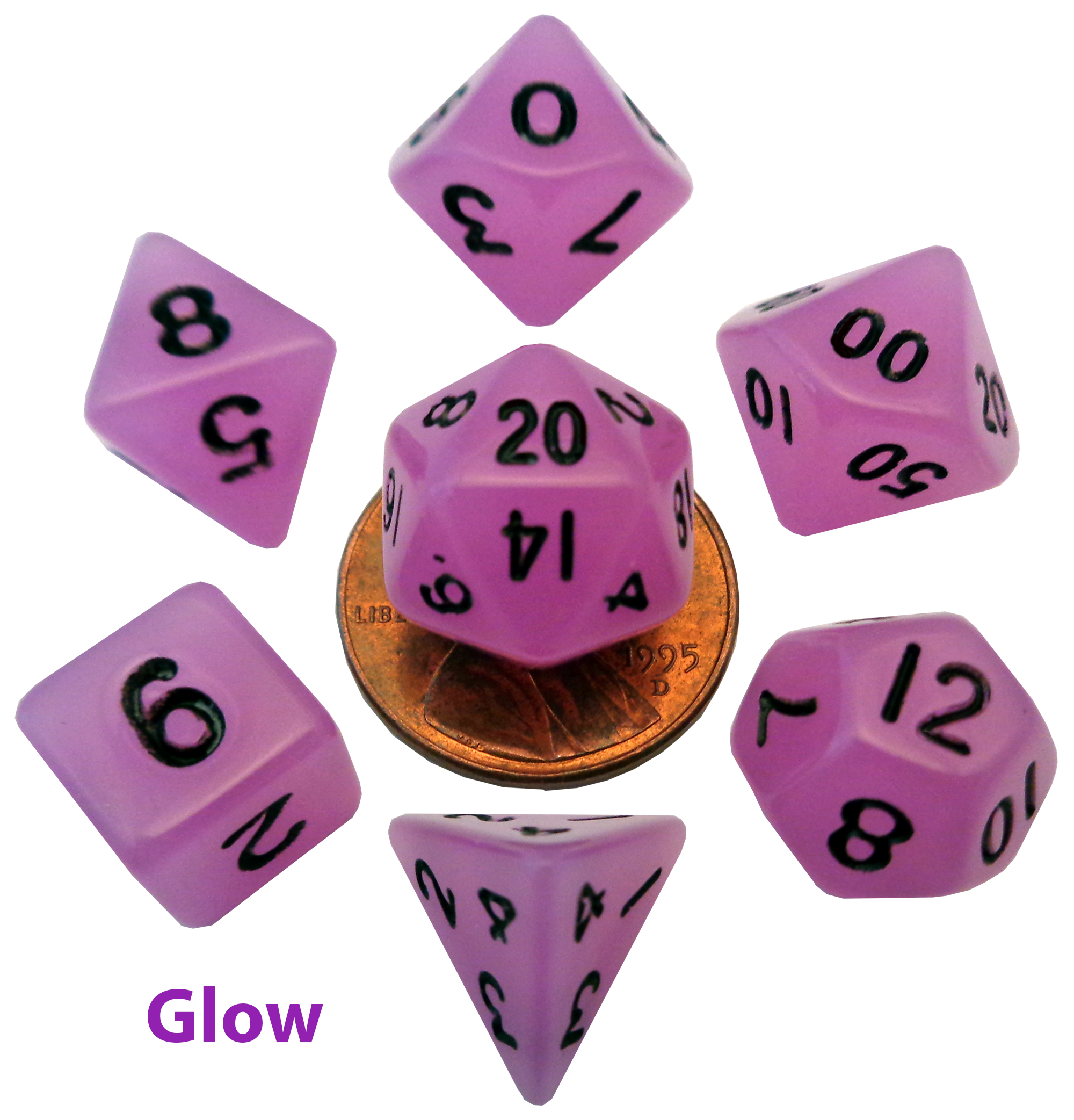 Fanroll: Mini 7 Dice Polyhedral Set: Glow Purple (10mm) 
