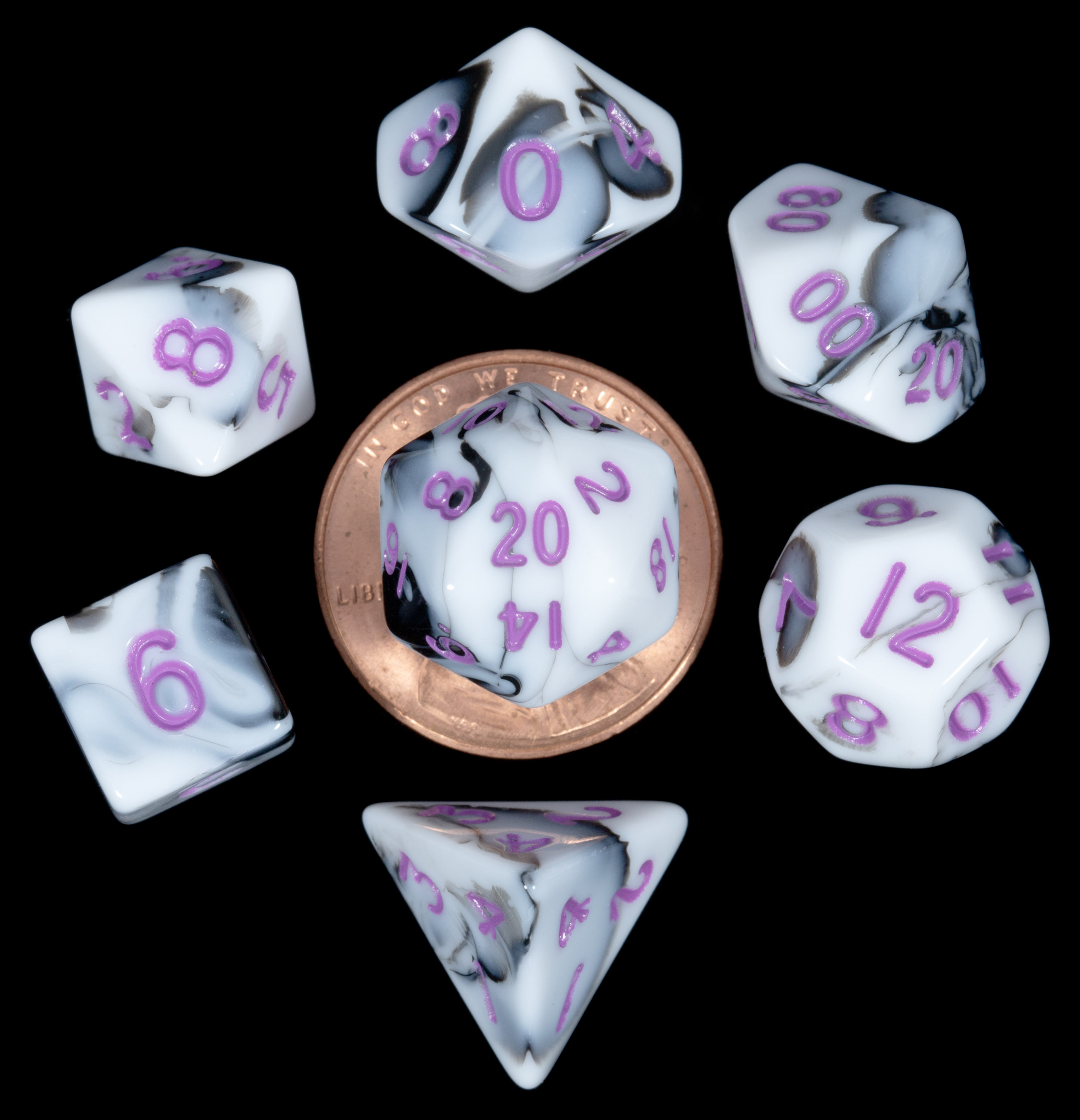 Fanroll: Mini 7 Dice Polyhedral Set: Marble with Purple (10mm) 