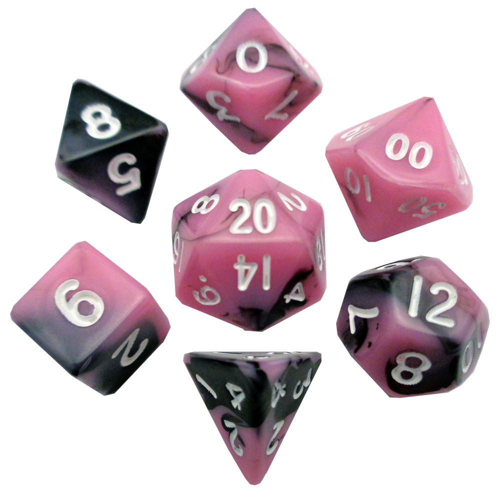 Fanroll: Mini 7 Dice Polyhedral Set: Pink/Black with Gold (10mm) 