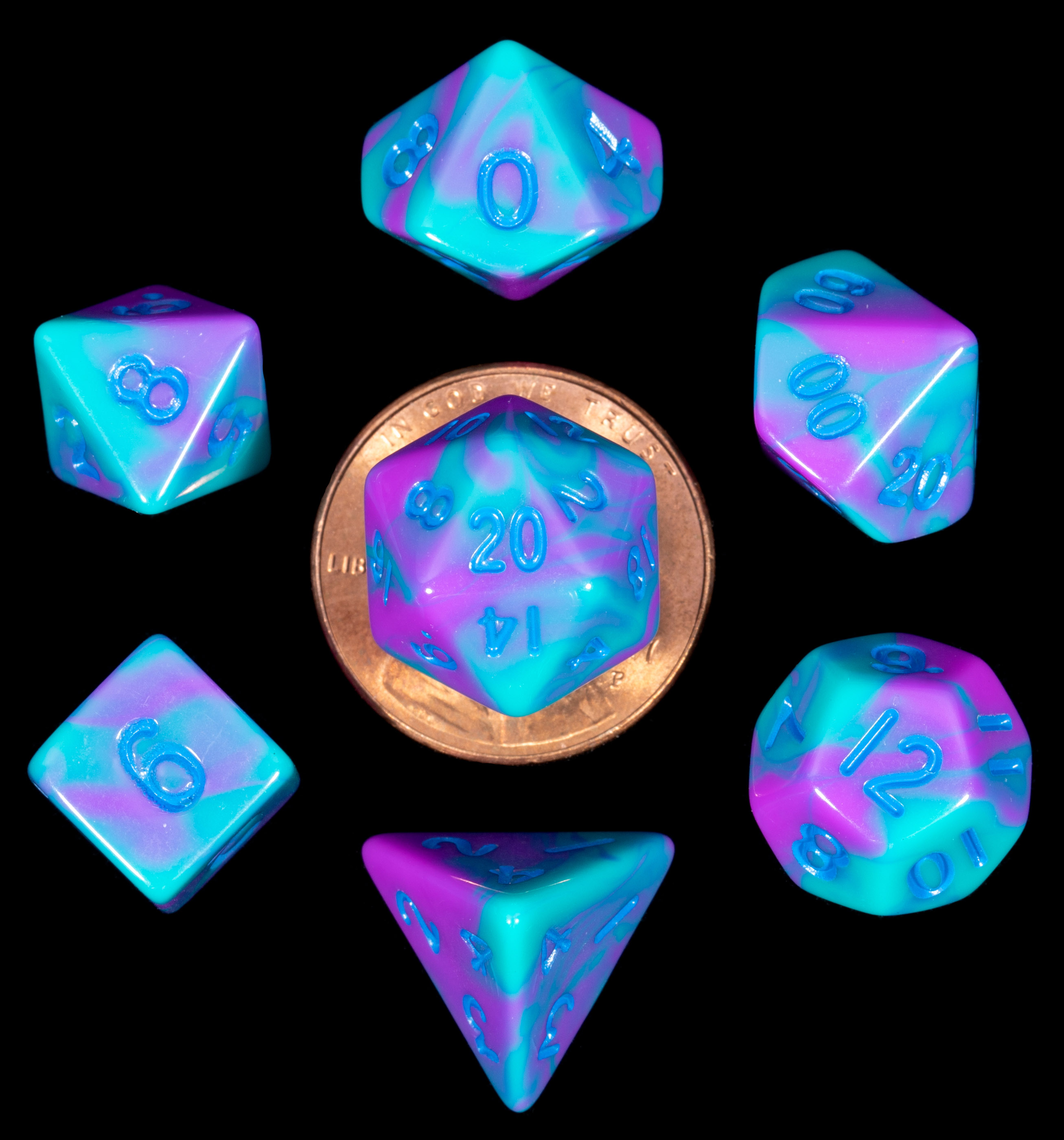 Fanroll: Mini 7 Dice Polyhedral Set: Purple/Teal with Blue (10mm) 