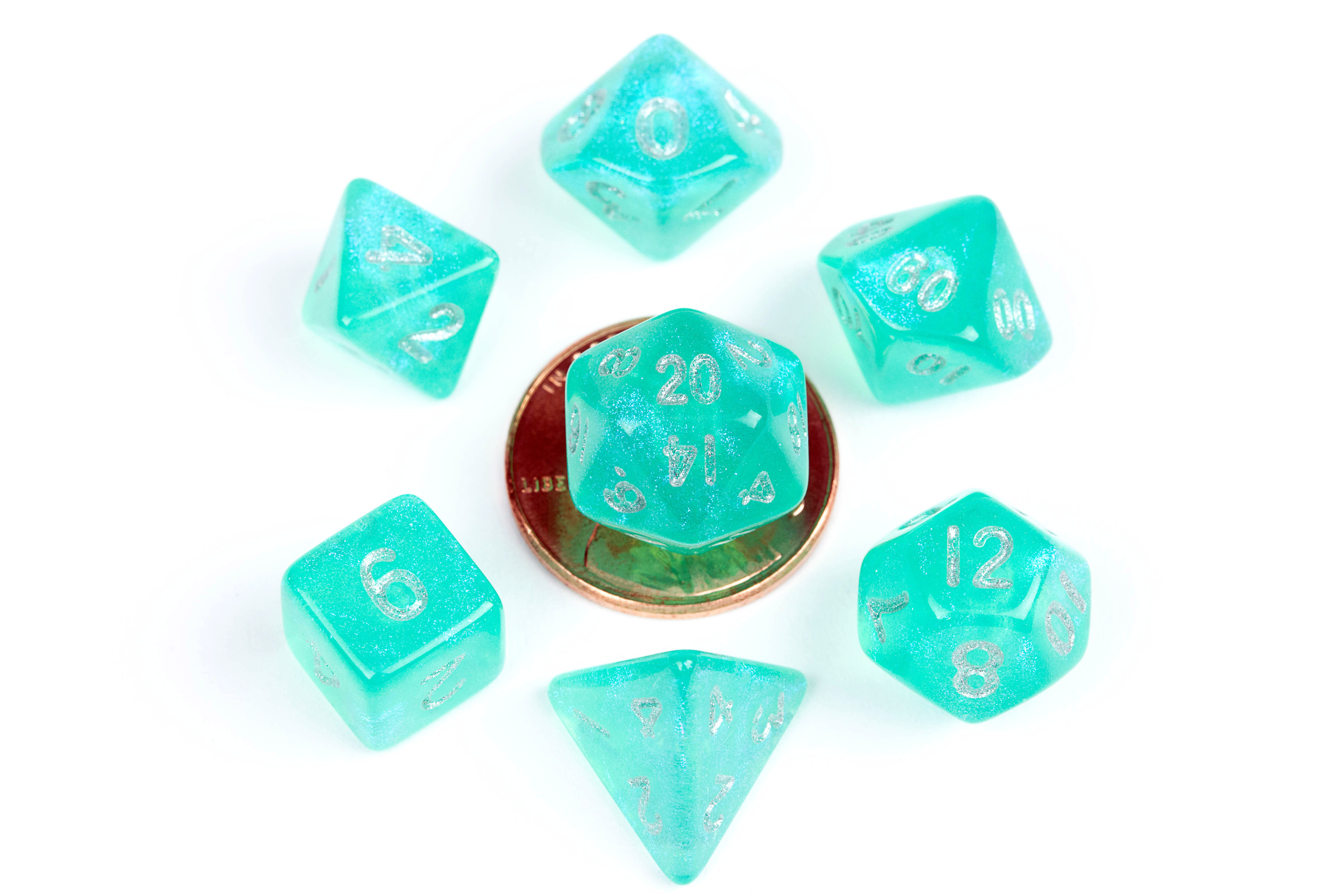 Fanroll: Mini 7 Dice Polyhedral Set: Stardust Turquoise (10mm) 