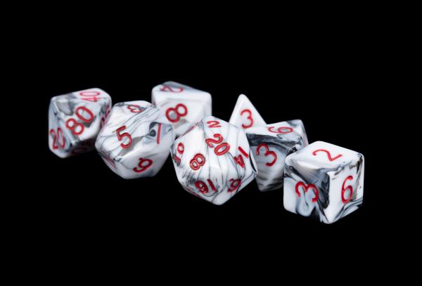 Metallic Dice Games: Acrylic Polyhedral Dice Set 16mm: Marble with Red Numbers 