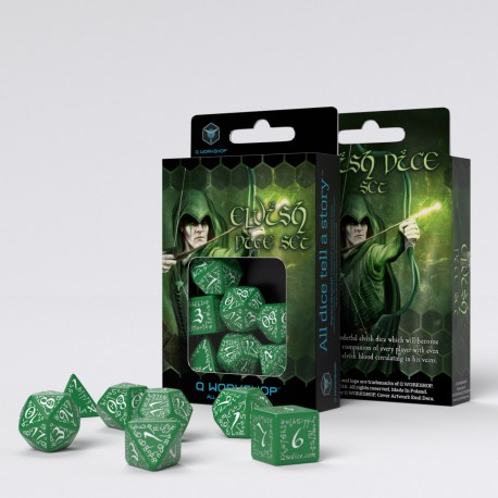 Q-Workshop: 7 Dice Set- Elvish: Green & White 