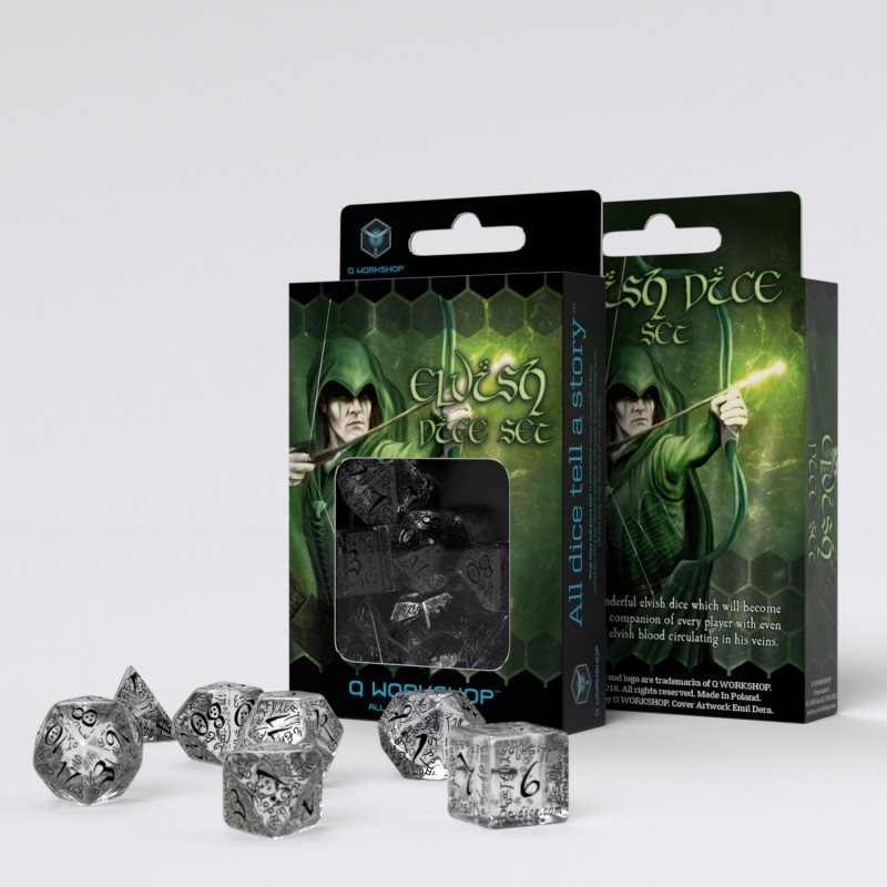 Q-Workshop: 7 Dice Set- Elvish: Translucent & Black  