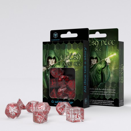 Q-Workshop: 7 Dice Set- Elvish: Translucent & Red 