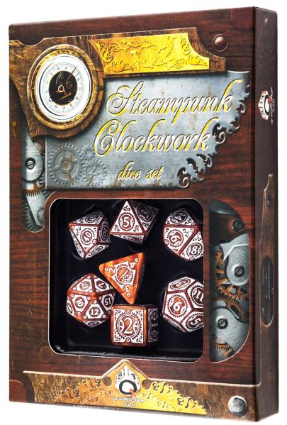 Q-Workshop: 7 Dice Set- Steampunk Clockwork: Caramel & White 