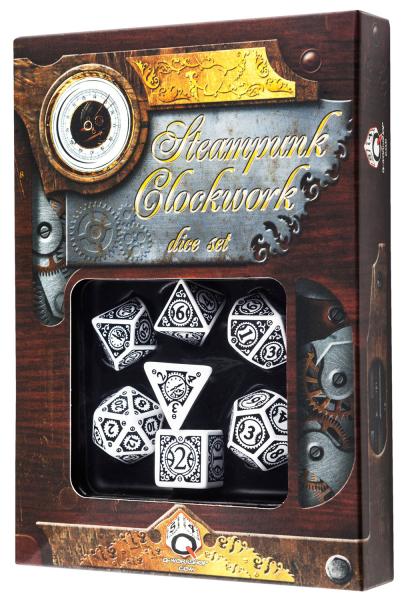Q-Workshop: 7 Dice Set- Steampunk Clockwork: White & Black 