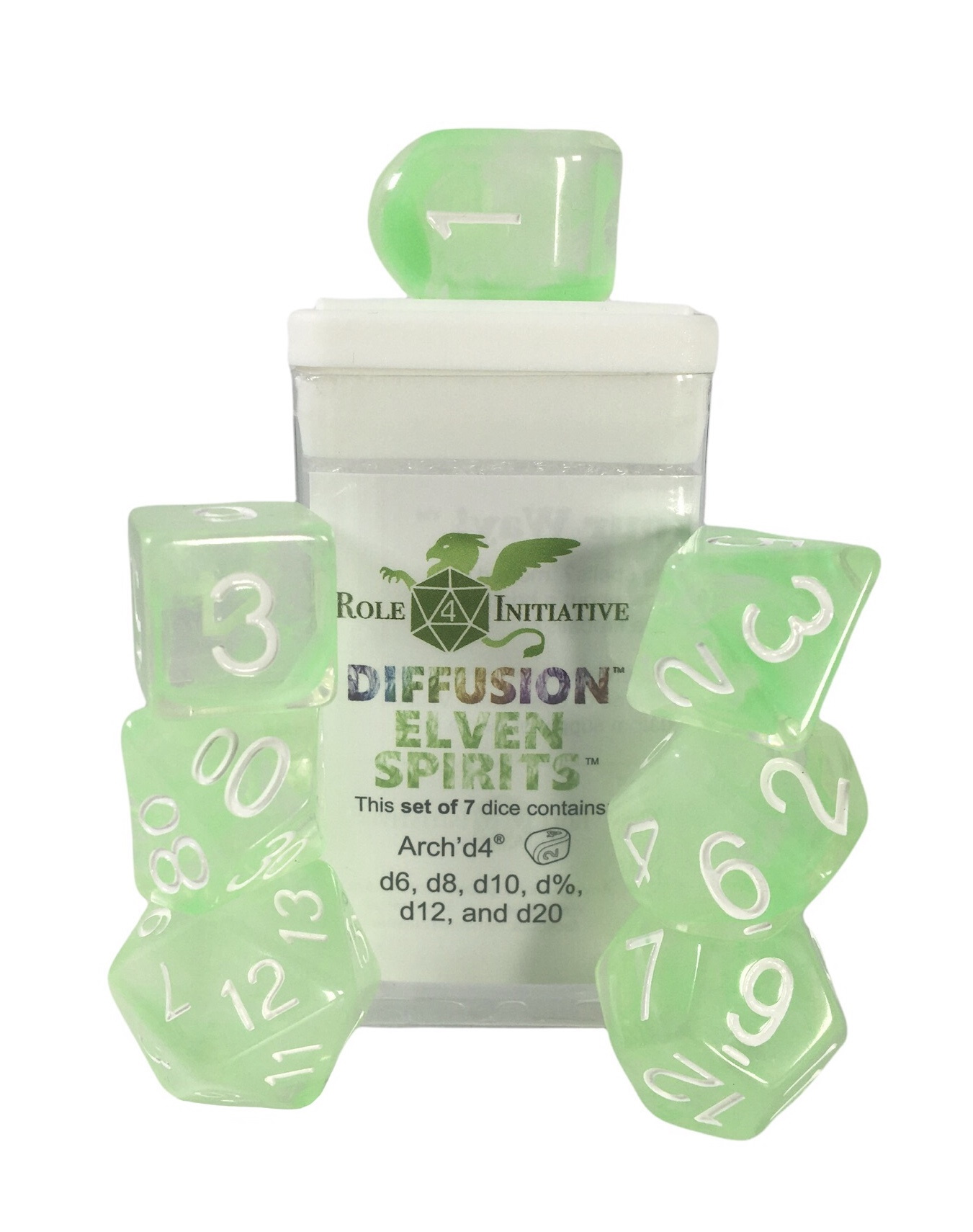 Role 4 Initiative Polyhedral 7 Dice Set: DIFFUSION ELVEN SPIRITS [Arch D4] 