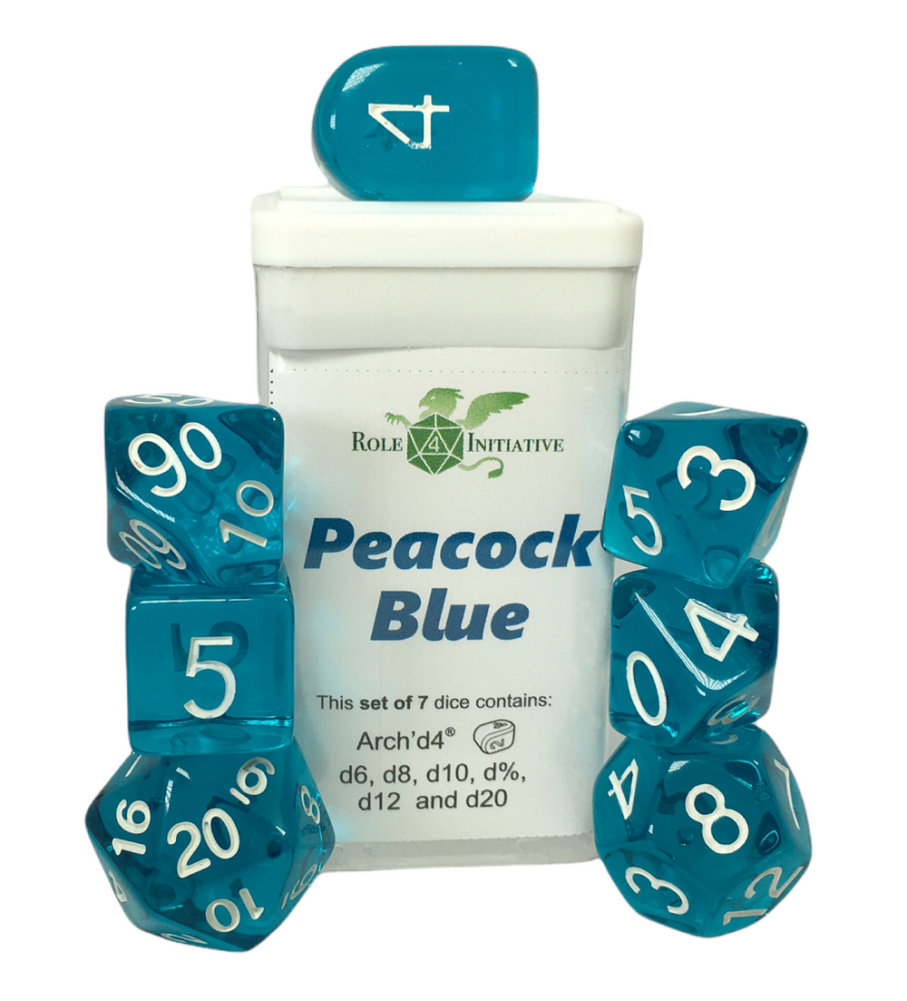 Role 4 Initiative: Polyhedral 7 Dice Set: Translucent Peacock Blue (Arch D4) 