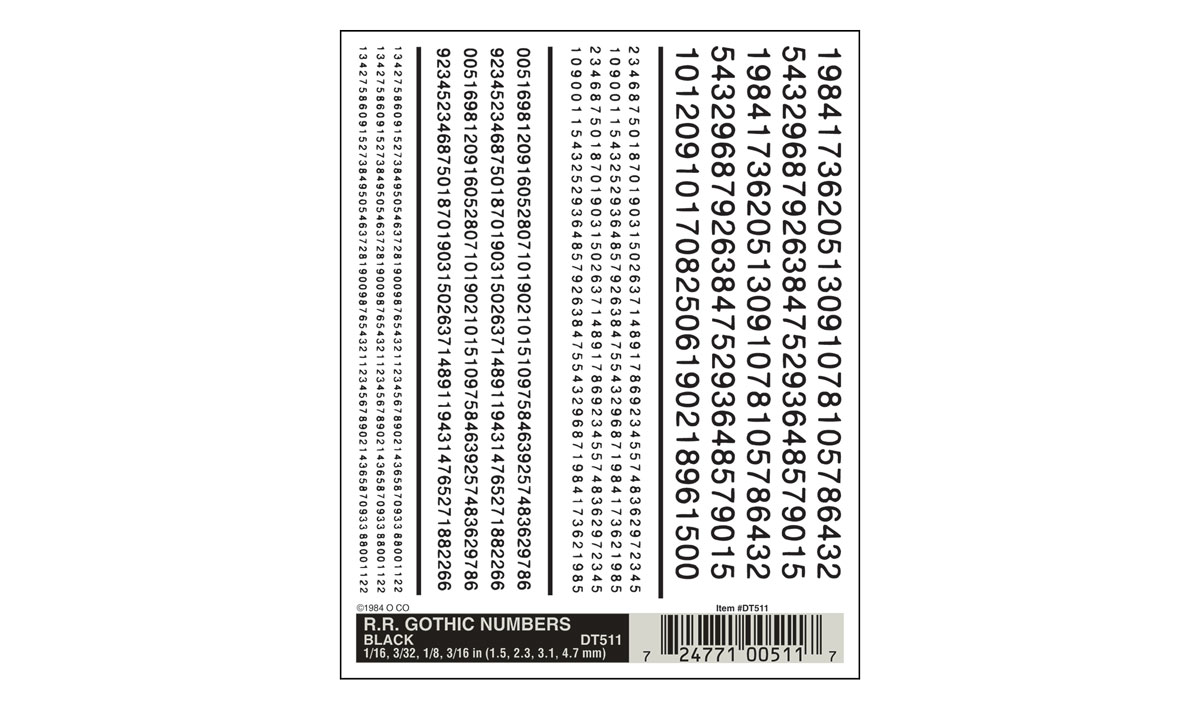 Woodland Scenics: Dry Transfer Decal - RR Gothic Numbers Black 