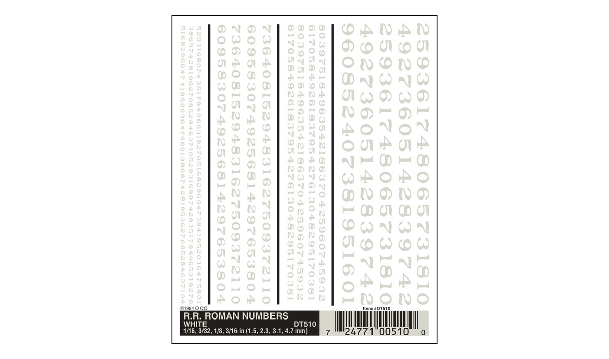 Woodland Scenics: Dry Transfer Decal - RR Roman Numbers White 