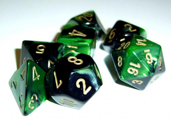 Chessex (26239): D10: Gemini: Black Green/Gold 