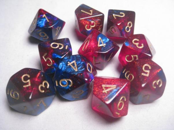 Chessex (26247): D10: Gemini: Blue Magenta/Gold 