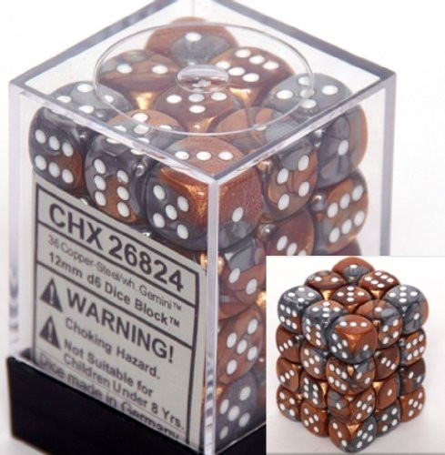 Chessex (26824): D6: 12mm: Gemini: Copper Steel/White 