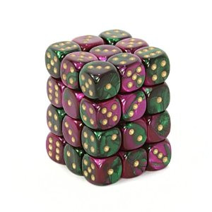 Chessex (26834): D6: 12mm: Gemini: Green Purple/Gold 