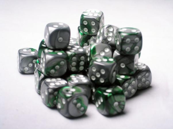 Chessex (26841): D6: 12mm: Gemini: Green Steel/White 