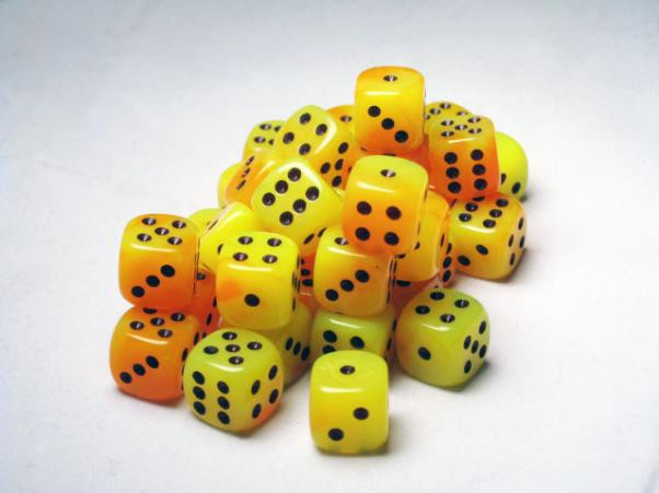 Chessex (26842): D6: 12mm: Gemini: Orange Yellow/Black 