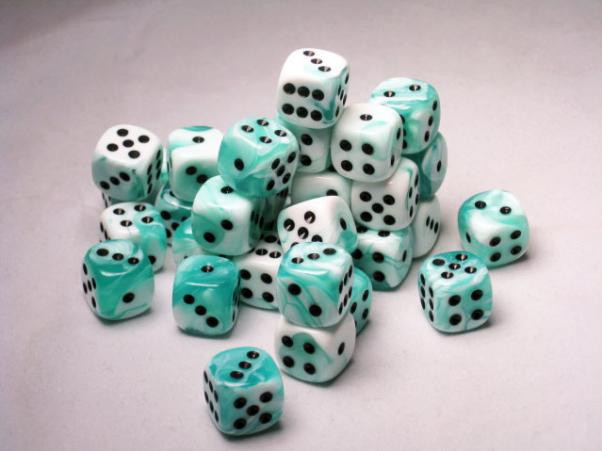 Chessex (26844): D6: 12mm: Gemini: White Teal/Black 